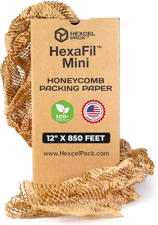 HexcelPack HexaFil Mini - Honeycomb Packing Paper, Eco-Friendly, Sustainable Filler for Shipping & Moving, Cushioned Packing Material in Dispenser Box, Alternative to Bubble Wrap - Natural, 12" x 850'