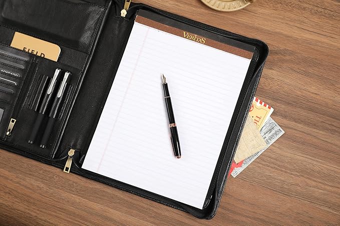 Leather Portfolio for 12.9 inch iPad Pro (2018/2020/2021/2022), Leather Padfolio Organizer with Ipad Holder for Letter Size Notepad, Personalized Portfolio for Men/Women (Black, Non-Custom)