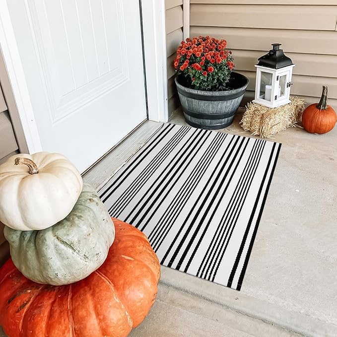 OJIA Christmas Front Door Mats Outdoor 24"x35", Cotton Woven Holiday Doormat Front Door Rug Washable Indoor Door Mat Black and White Outdoor Rugs Striped Rug for Porch Decor/Farmhouse/Entryway