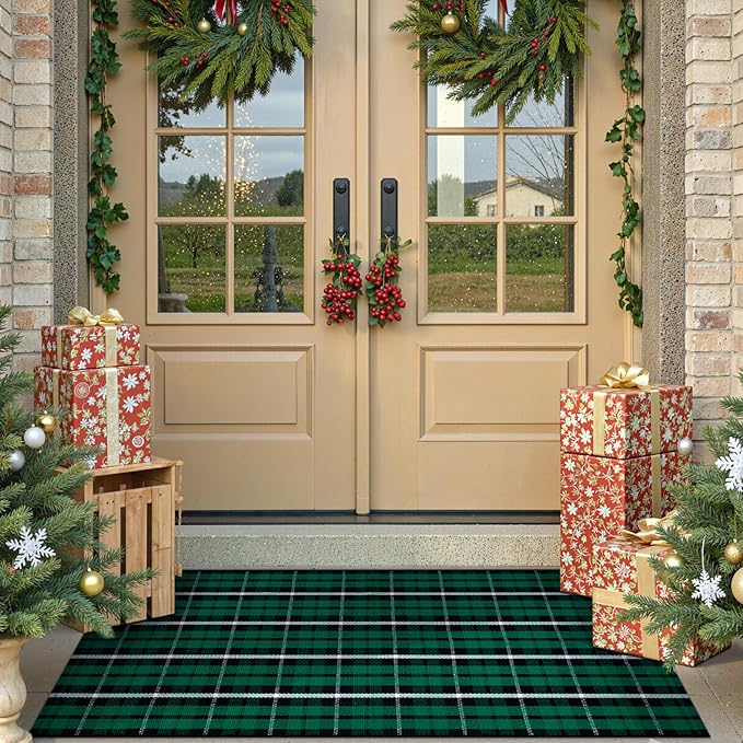 OJIA Christmas Door Mat Outdoor 24"x51" Green Plaid Front Door Rug, Washable Holiday Doormat Outdoor Porch Rug Farmhouse Throw Carpet Layered Door Mats for Entrance Kitchen Indoor Decor