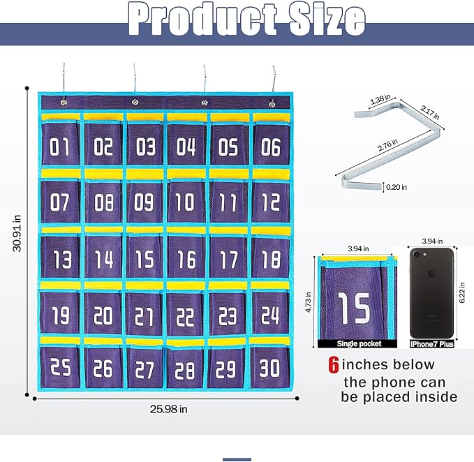 Loghot Numbered Classroom Sundries Closet Pocket Chart for Cell Phones Holder Wall Door Hanging Organizer (30 Pockets Blue)