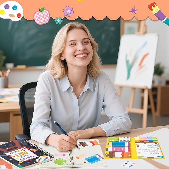 B1ykin Stationery Gift Set - 3Pcs Notebook Sticky Notes, A5 Spiral Notebooks & 550 Sheets Cute Sticky Notes with Pens Kit for Office School Teacher Thanksgiving Supplies (Art Teacher)