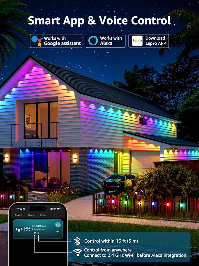 Lepro E1 AI Permanet Outdoor Lights, 100ft 60 LED RGB+IC+Warm/Cool White Smart Outside Light for House Christmas Decor, Alexa Google Enabled, 2.4 GHz WiFi/Bluetooth, APP Control NO Remote Controller