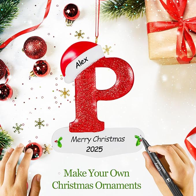 Personalized 26 Letters Ornaments for Christmas Tree 2025, Custom Christmas Ornament with Family Member's Names 3D Resin Xmas Hanging Pendant Original Gifts for Family Friends(P)