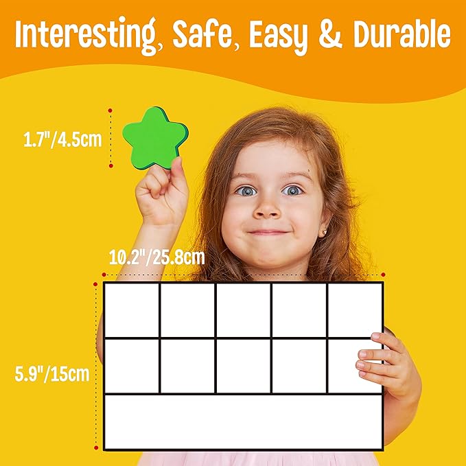 Magnetic Ten-Frame Set, 6 Frames & 66 Colorful Star-Shaped Counters Ten Frame Math Games Manipulative Counting Toys for Kindergarten Preschool, 6 Colors & 2 Markers (Fridge & Hand-held)
