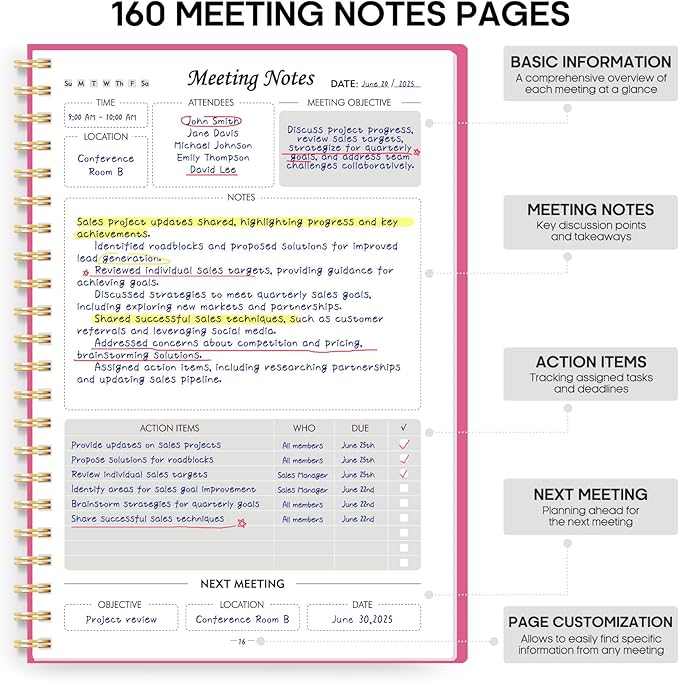 Meeting Notebook for Work Organization - Work Planner Notebook with Action Items, Agenda Planner for Note Taking, 160 Pages (6.9" X 9.9") Project Organizer for Men & Women - Berry Pink