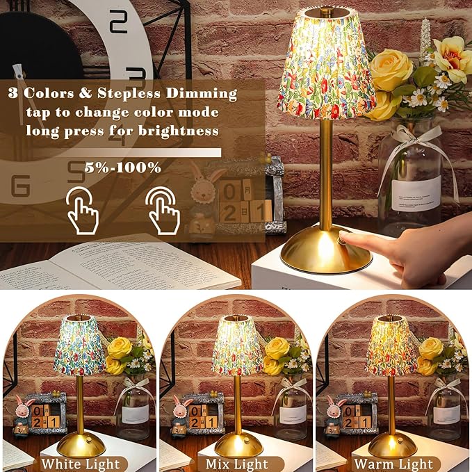 Liliful 2 Pcs LED Portable Cordless Table Lamp Touch Battery Operated Rechargeable Gold Desk Lamp 3 Color Dimmable for Bedroom Living Room Dining (Gold,Floral Style)
