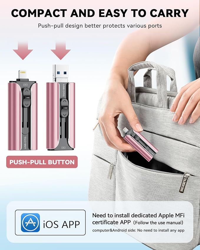 MFi Certified 512GB Flash Drive for iPhone USB Memory Stick Thumb Drives, High Speed USB Stick iPhone Flash Drive for Photos Videos,Photo Stick External Storage for iPhone/iPad/Android/Laptop (Pink)