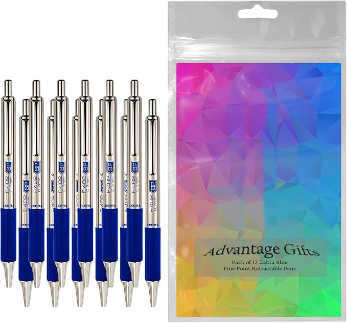 Zebra F-402 Ballpoint Stainless Steel Retractable Pen, Fine Point, 0.7mm, Blue Ink, 12-Count Bundle with Plastic Reusable Pouch