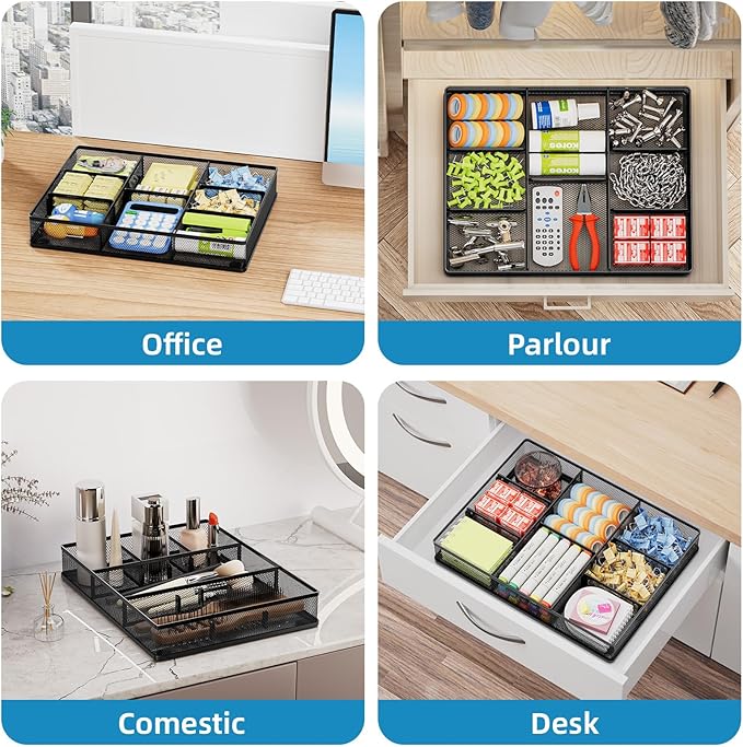 Marbrasse 2Pack Desk Drawer Organizer, Metal Mesh Drawer Organizer Tray with 5 Adjustable Compartments,Desk Organizers and Accessories for Home,Office,Kitchen,Makeup,Vanity (Black)
