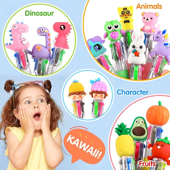 arscniek 24Pcs Multicolor Pen in One, 4-in-1 0.5mm Fine Point Cute Pens, Fun Kawaii Ballpoint Pen for Party Favors, Classroom Prizes, Teacher School Supplies, Bulk Gifts for Students