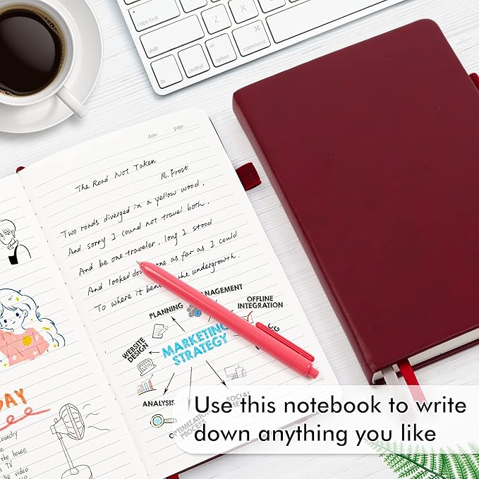 feela 5 Pack Journal Notebook Bulk for School, Hardcover Business Notebooks Classic Ruled Lined Journals with Pen Holder for Work Note Taking, with 5 Black Pens, 120 GSM, 5.1”x8.3”, A5, Wine