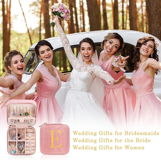 Parima Bridesmaid Proposal Gifts Wedding Day - Small Jewelry Box Travel Jewelry Case Organizer for Women Matron Maid Of Honor Bachelorette Party favors Bride Gift Flower Girl Gifts - Letter J, Pink