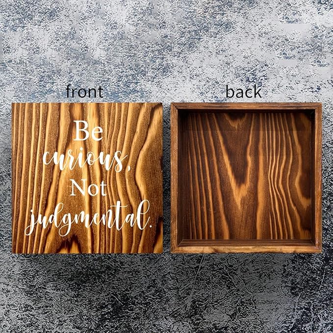 mmiishe Inspirational Wooden Box Sign Decorative Motivational Be Curious Not Judgmental Wood Box Sign Home Bedroom Office Decor Rustic Farmhouse Square Desk Decor Sign for Shelf Burlywood