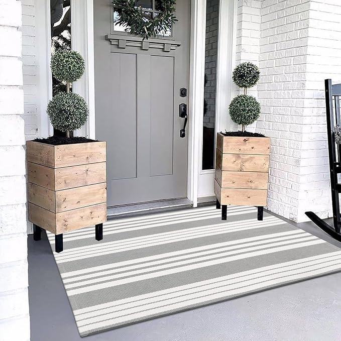 OJIA Entryway Rug 3'x5' Cotton Hand Woven Christmas Front Door Mat Holiday Doormat Machine Washable Outdoor Rugs Grey and White Striped Entry Rug Porch Rugs for Farmhouse/Bedroom/Home Entrance Decor