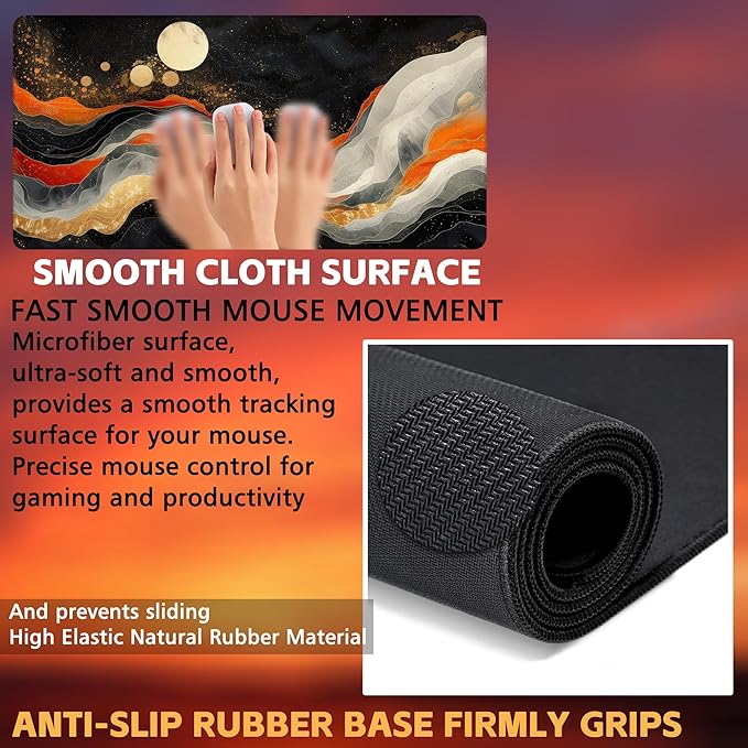 Large Gaming Mouse Pad, Orange Golden Waves Desk Mat, Abstract Art Painting Desk Pad, 31.5"x15.7" Extended Big Computer Keyboard Mouse Pad with Non-Slip Base and Stitched Edge