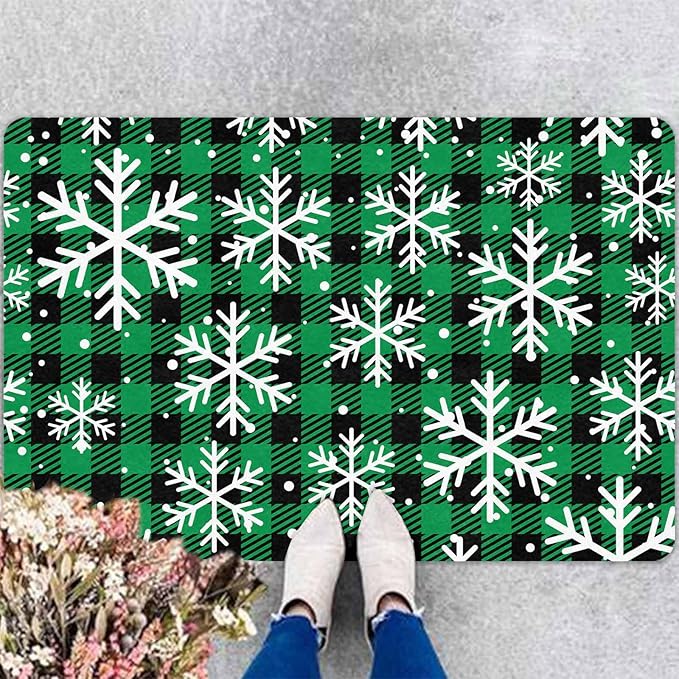 Merry Christmas Door Mat Xmas Snowflakes Doormat Non Slip Rubber Entry Front Porch Rugs Green Plaid Welcome Mats for Christmas Indoor Outdoors, 18" x 30"Inch