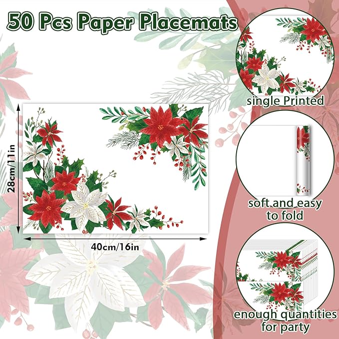50 Pack Christmas Velvet Poinsettia Paper Placemats,16x 11 Inch Red Poinsettia Flower Disposable Placemat Seasonal Winter Poinsettia Golden Tablemats for Kitchen Dining Christmas Party Supplies