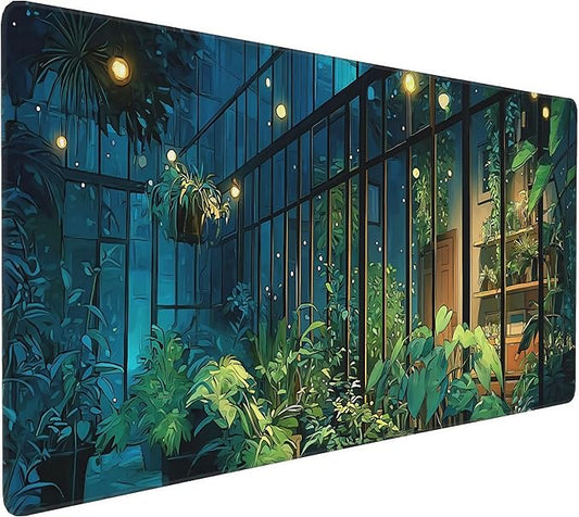 Large Gaming Mouse Pad, Plant Design Desk Mat, 35.4 x 15.8 inches, Green City View Pattern Office Decor Cute Desk Accessories for Women