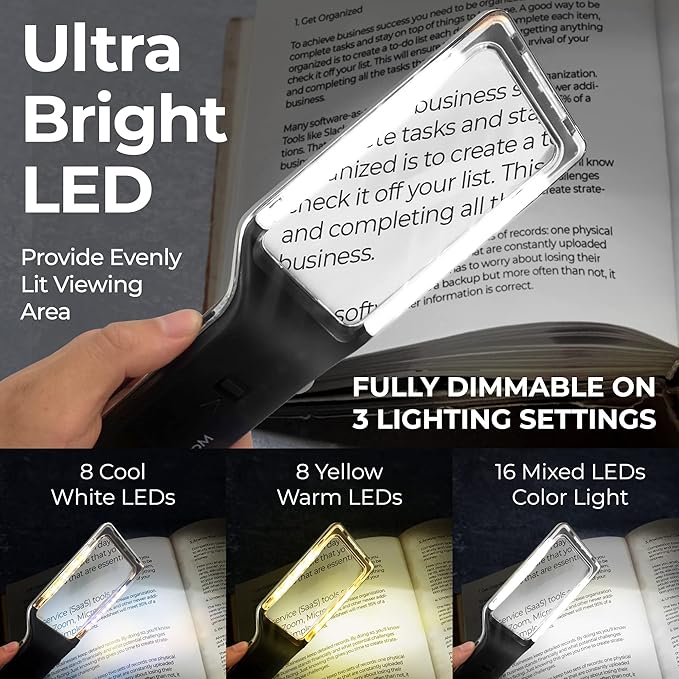 MagniPros Patented 6X Rechargeable Magnifying Glass with 3 Color Light Modes & Anti-Glare Lens - Relieve Eye Strain | Perfect for Low Vision Seniors, Macular Degeneration & Fine Print