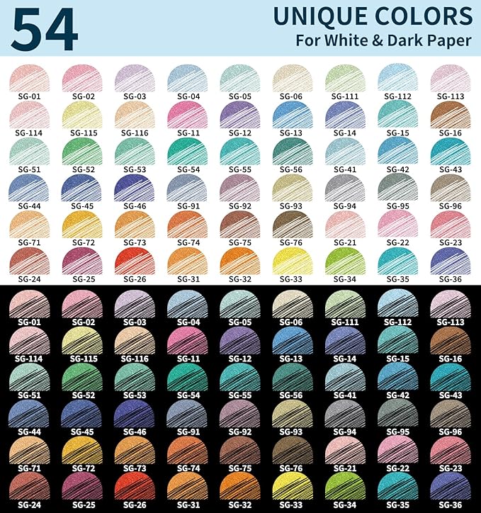 Glitter Gel Pens, 54 Pack Colored Pens for Black Paper & White Paper, 1.0mm Point Pens, Large Capacity Ink Pens for Coloring, Writing, Drawing, Journaling, Note Taking, School, Office, Home