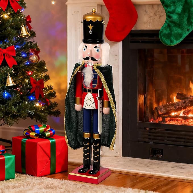 Nutcracker Christmas Decor, 18" Wooden Nutcracker Soldier Christmas Decoration Home Mantle Table Fireplace Christmas Ornaments for Festival Party(18" Fur Sword Nutcracker)