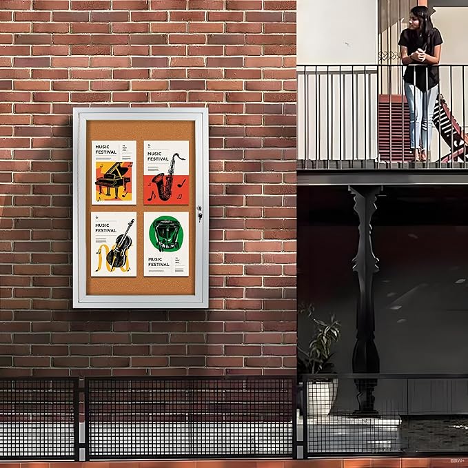 Lockable Outdoor Enclosed Bulletin Board, Weatherproof Cork Noticeboard with Locking Door, Wall-Mounted Aluminum Framed Display Case for Messages,36x24in (5xA4)