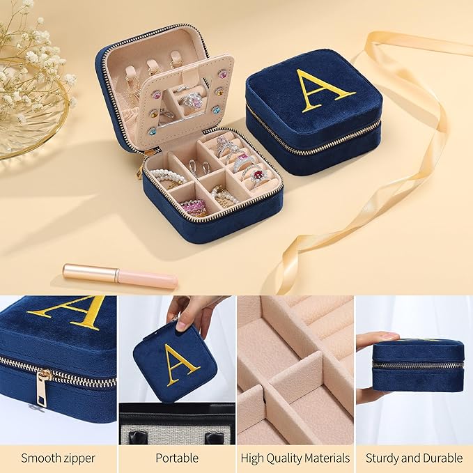 Parima Plush Velvet Travel Jewelry Case Jewelry Box - Small Jewelry Case Organizer Holder Ring Earrings Box Travel Essentials for Women, Birthday Gifts for Women Mom - Letter G, Navy Blue