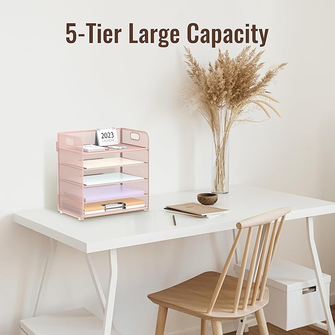 2 Pack 5-Tier Pink Desk Organizer with Handle Mesh Desk File/Paper Organizer Letter Tray for Office, School and Home Easy Installation