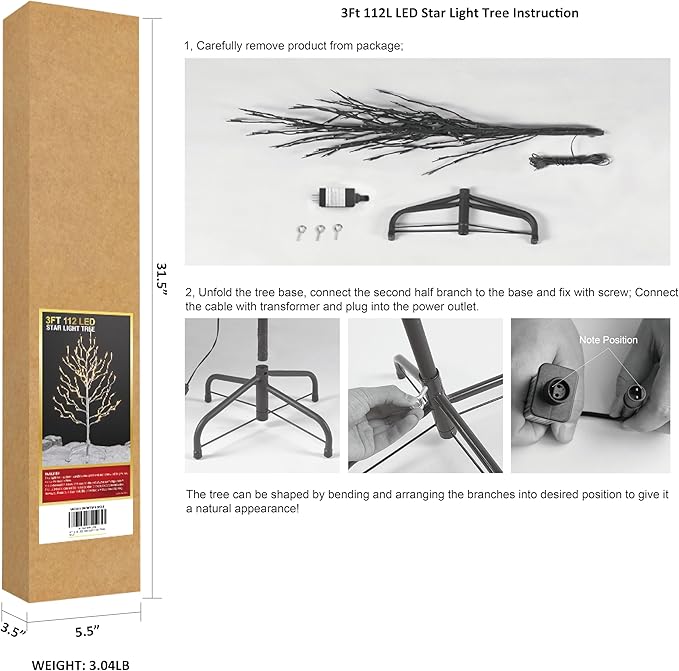 LIGHTSHARE 3FT Star Tree 112 LED Lights Warm White for Home & Christmas Decorations, 3'