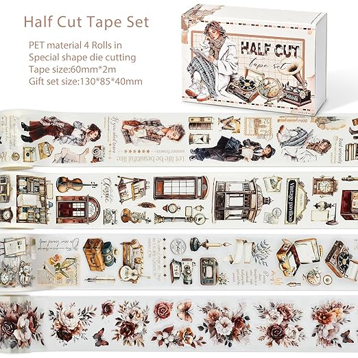 Snycler Pre-Cut Brown Memory Themed PET Washi Tapes - Vintage Aesthetic Tape Stickers for Journaling, Scrapbooking, Junk Journals, Crafts, Planners - 4 Rolls