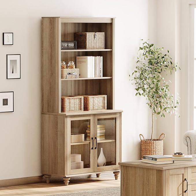 WAMPAT 5 Tier Bookshelf 72" Tall Bookcase with Glass Doors,Large Farmhouse Display Book Shelf with Adjustable Shelves and Storage Cabinet，Library Wood Bookshelves for Living Room,Kitchen, Oak