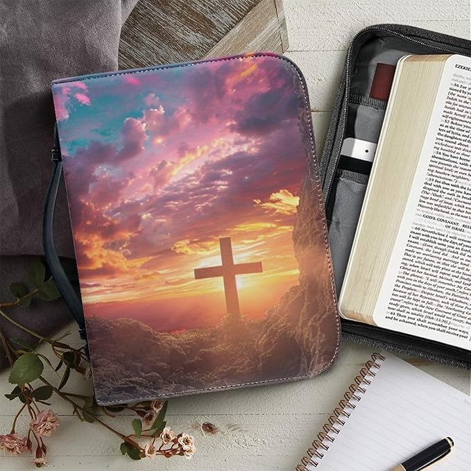 Lotusorchid Bible Book Cover for Women, Cross Print Bible Cover Case Sturdy Zippered Bible Carrying Case with Handle Pocket Portable Bible Bag for Bible Study, Pink, L