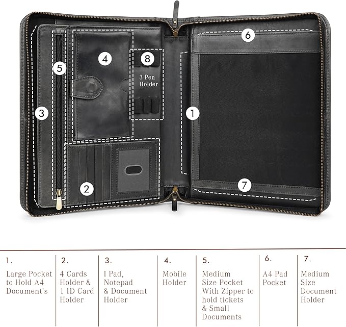 Leather Portfolio Professional Organizer Padfolio – Resume Folder, Document Binder w/Business Card Holder, Portfolios for Men & Women, Office & Business Supplies by Luxeoria | (Large - Black)