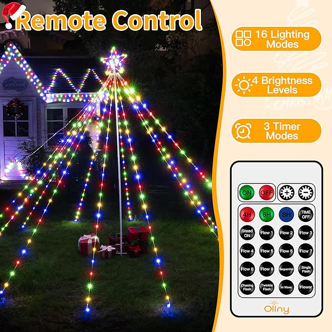 Ollny Christmas Lights Tree 340LED with Topper Star, IP67 Waterproof Remote Control Waterfall Lights with Pole, 16 Modes 3 Timers Dimmable Christmas Decorations Outdoor Yard Garden Lawn Multicolored