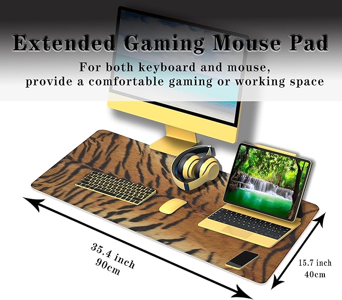 Large Mouse Pad Yellow Desk Pads Gaming Mouse Pads Keyboard Pads Extra Large Gaming Mouse Pad Non-Slip Rubber Base 35.4" X 15.7" for Game Office, Panthera Tigris Corbett Skin Pelt