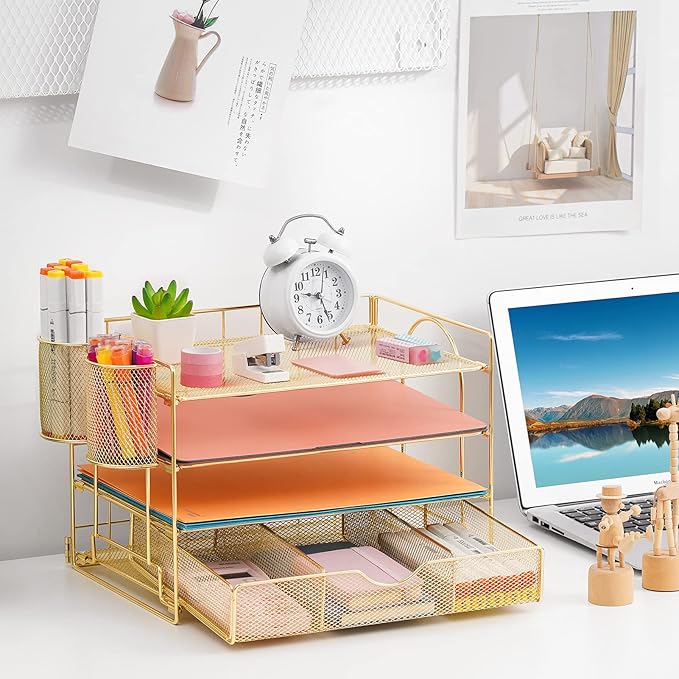 Lavatino Paper Letter Tray Organizer with File Holder, 4-Tier Desk Accessories & Workspace Desk Organizers with Drawer and 2 Pen Holder for Office Supplies (Gold)