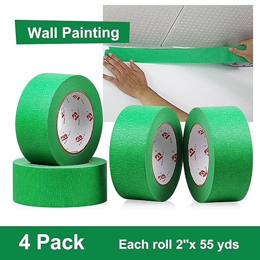 BOMEI PACK Green Painters Tape 2 inch Wide, Medium Adhesive Green Masking Tape 2 inch x 55 Yards (220 Total Yards) 4 Rolls, Residue-Free Wall Trim Tape for Painting, DIY Crafting, Decoration