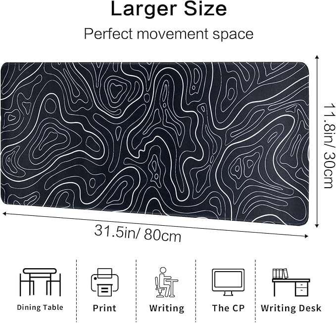 Large Gaming Mouse Pad for Desk, Black Topographic Mouse Pad Desk Mat for Gaming Office, Long XL Mouse Pads Keyboard Pad Desk Pad for Computer Laptop 31.5''x11.8''