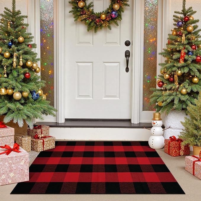 OJIA Christmas Plaid Rug 27.5"x43" Front Door Mats Outdoor, Woven Washable Front Porch Rug Outdoor Door Mat Holiday Welcome Mats Indoor Layered Doormats for Entryway, Home Entrance Decor