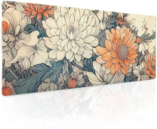 Minimalist Floral Gaming Mouse Pad XL White Orange Aesthetic Flowers Japanese Extended Large Mat Mousepad Desk Pad Non-Slip Rubber Base Stitched Edge Long Keyboard Pad for Computer,31.5×11.8 Inch