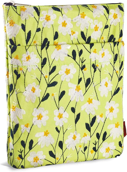 LParkin Daisy Flower Embroidery Book Sleeve with Zipper for Readers Protector Cover Gift for Book Lovers, 11x 8.5 Inch Washable Fabric, Daisy White(White)