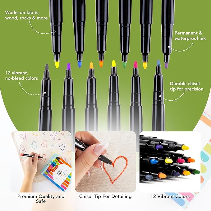 Incraftables Fabric Markers - 12 Pack Permanent Non-Bleed Markers for Clothes, Kids Crafts, Canvas Tote Bags, Quilting, & More - Vibrant Fabric Paint Pens