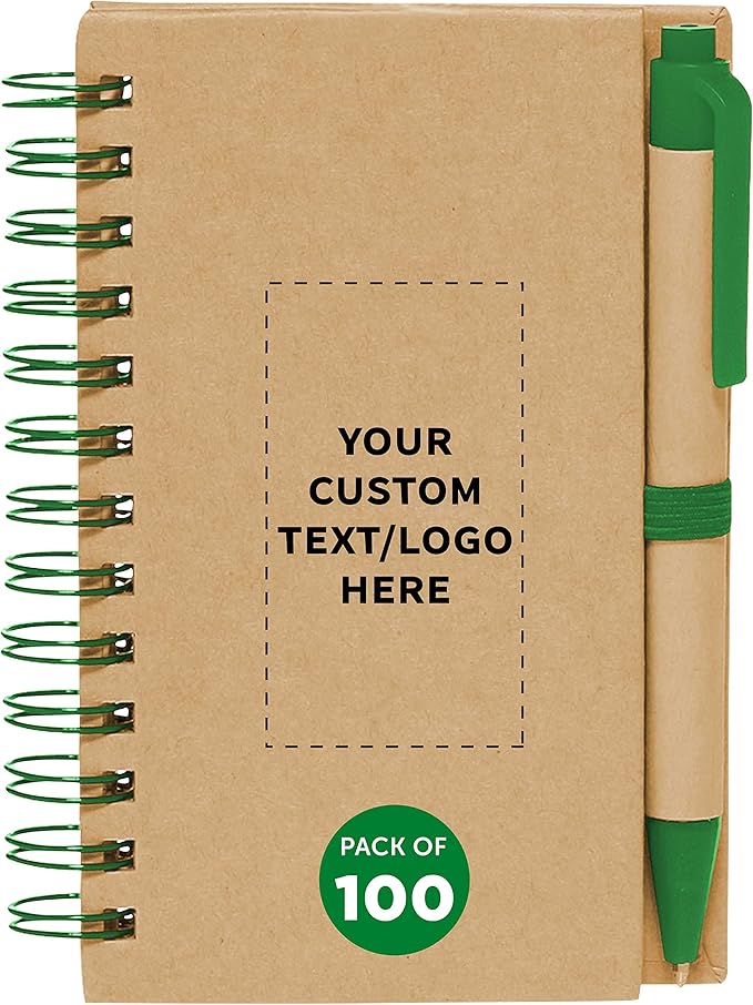 Custom Mini Spiral Notebooks with Black Ink Pens Set of 100, Personalized Bulk Pack - Perfect for School, Office, Business, Home - Green