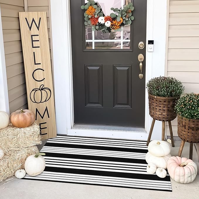 OJIA Christmas Front Door Mats Outdoor 27.5x43 Inches, Black and White Outdoor Rugs Cotton Woven Front Door Rug Machine Washable Layered Doormats for Porch/Farmhouse/Kitchen/Entryway/Patio