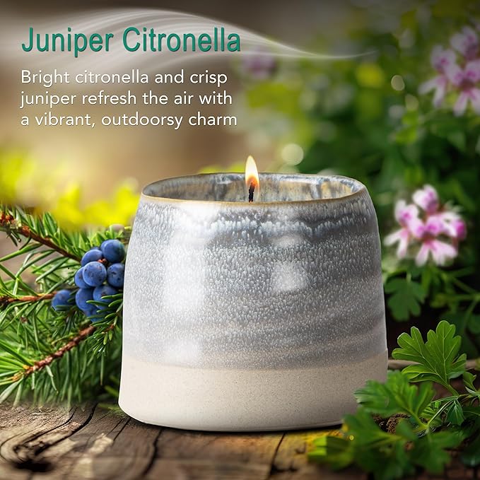 Hyggelight - The Growing Candle, Juniper & Citronella Scent, 10oz Ceramic Pot, Aromatherapy Candles, Gift for Outdoors, 100% Soy, Greta
