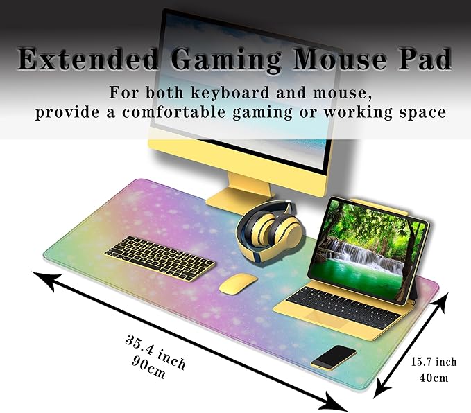 Large Mouse Pad Pink Gaming Mouse Pads Desk Mat for Women Computer Desk Pads Desk Pad Mat Non-Slip Rubber Base 35.4 X 15.7 for Game Office, Shiny Colorful Rainbow Background