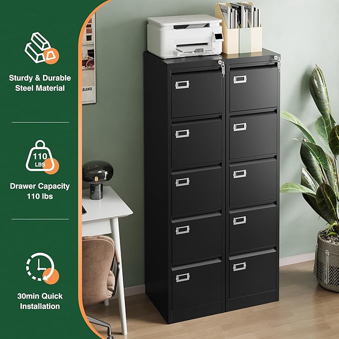 Letaya 5 Drawer File Cabinet with Lock,Metal Office Filing Cabinets for Home Office- Storage A4/F4/Letter/Legal -Assembly Required (Black)