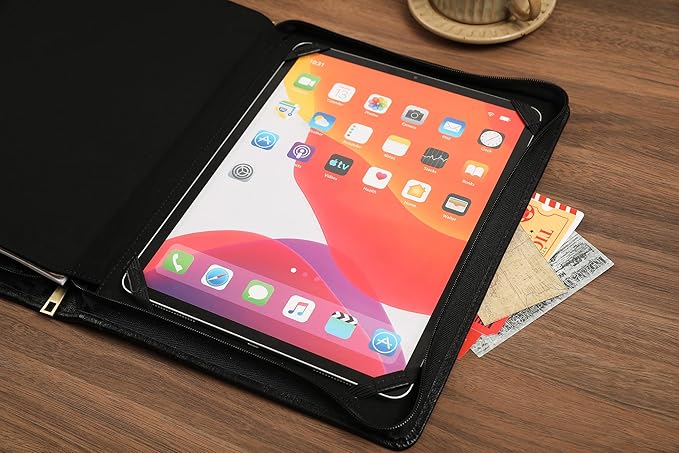 Leather Portfolio for 12.9 inch iPad Pro (2018/2020/2021/2022), Leather Padfolio Organizer with Ipad Holder for Letter Size Notepad, Personalized Portfolio for Men/Women (Black, Non-Custom)