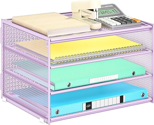Lavatino 3-Tier Letter Tray Desk Organizer – Purple Mesh Metal Paper File Tray Organizer for Desk, Office Supplies & Home Organization | Fits A4/Letter Paper, Mail, Magazines and Office Accessories